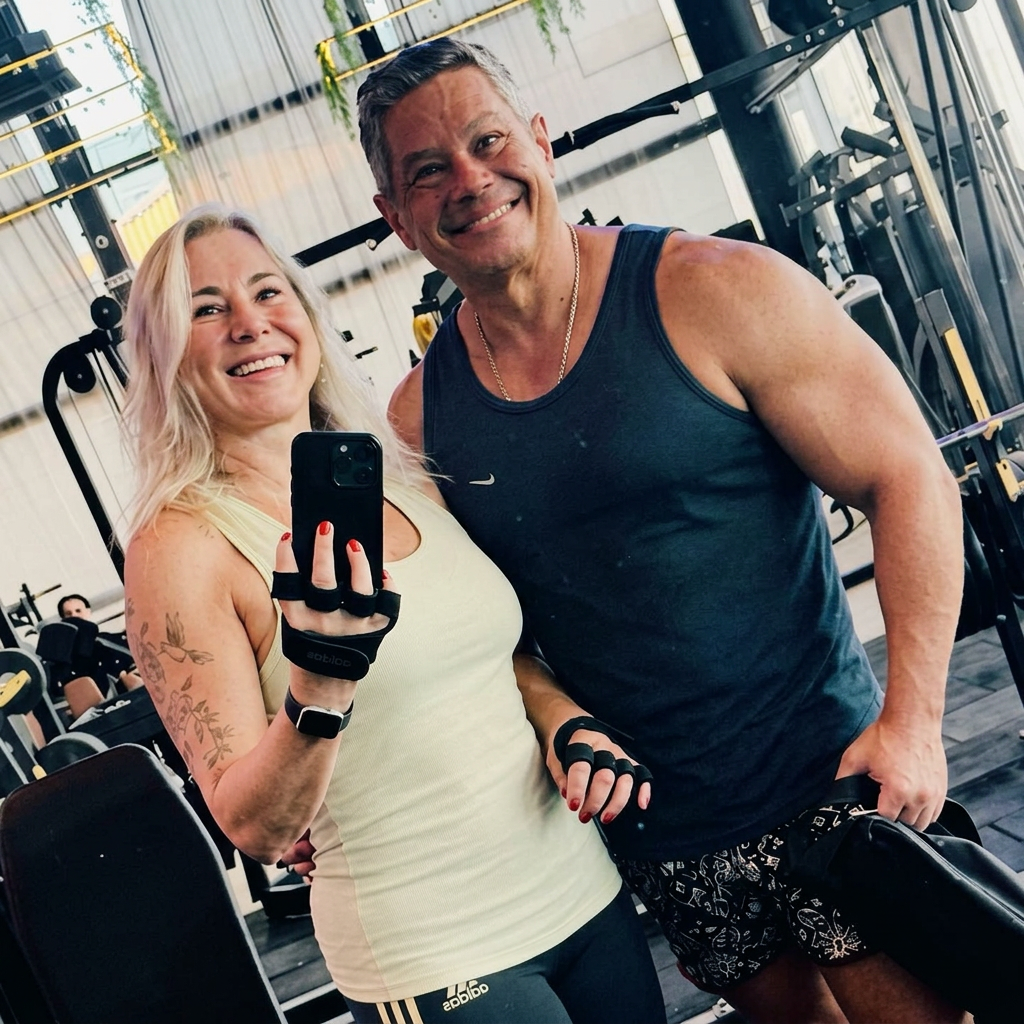 Rod e Claygie sorrindo durante o treino na academia