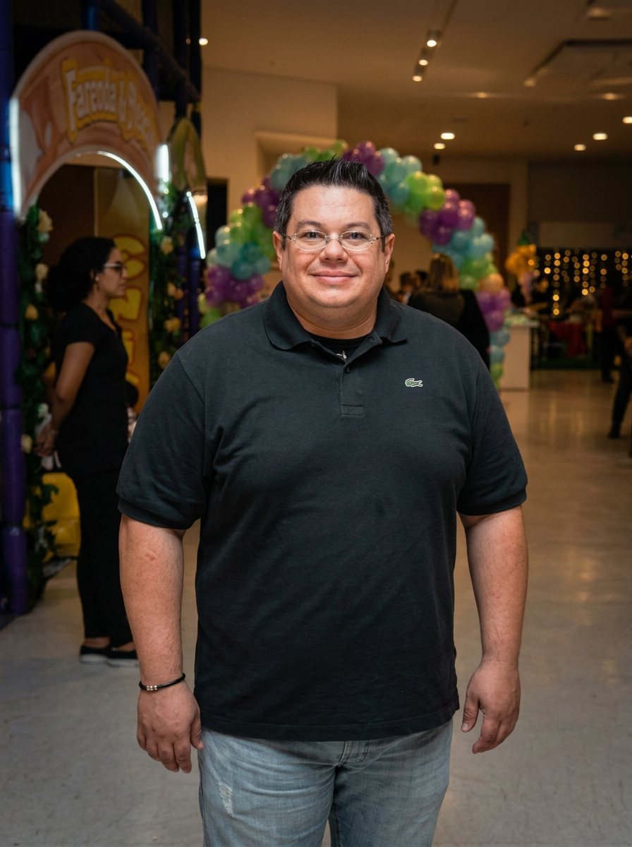 Rodrigo Melendez antes, de camisa polo preta, em pé em um evento