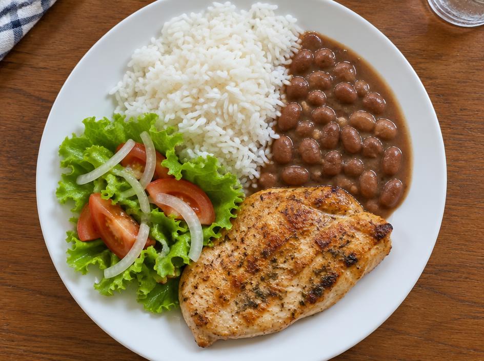 Foto de exemplo: prato com frango grelhado, arroz, feijão e salada
